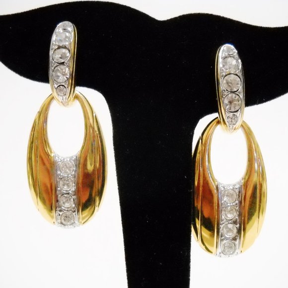 AV Signed Earrings Jacket Set Crystal Rhinestone Gold Tone Metal Oval Drop Post - Picture 5 of 13